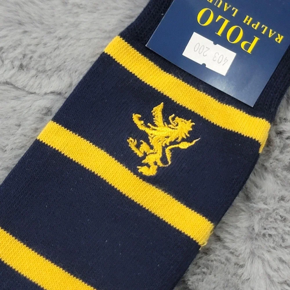 Polo Ralph Lauren Socks Mens One Size Navy Yellow Rugby Stripe Lion Crest Crew